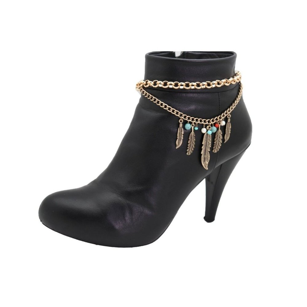 Women Gold Boot Chain Bracelet Western Fashion Shoe Charm Ethnic Jewelry Feather